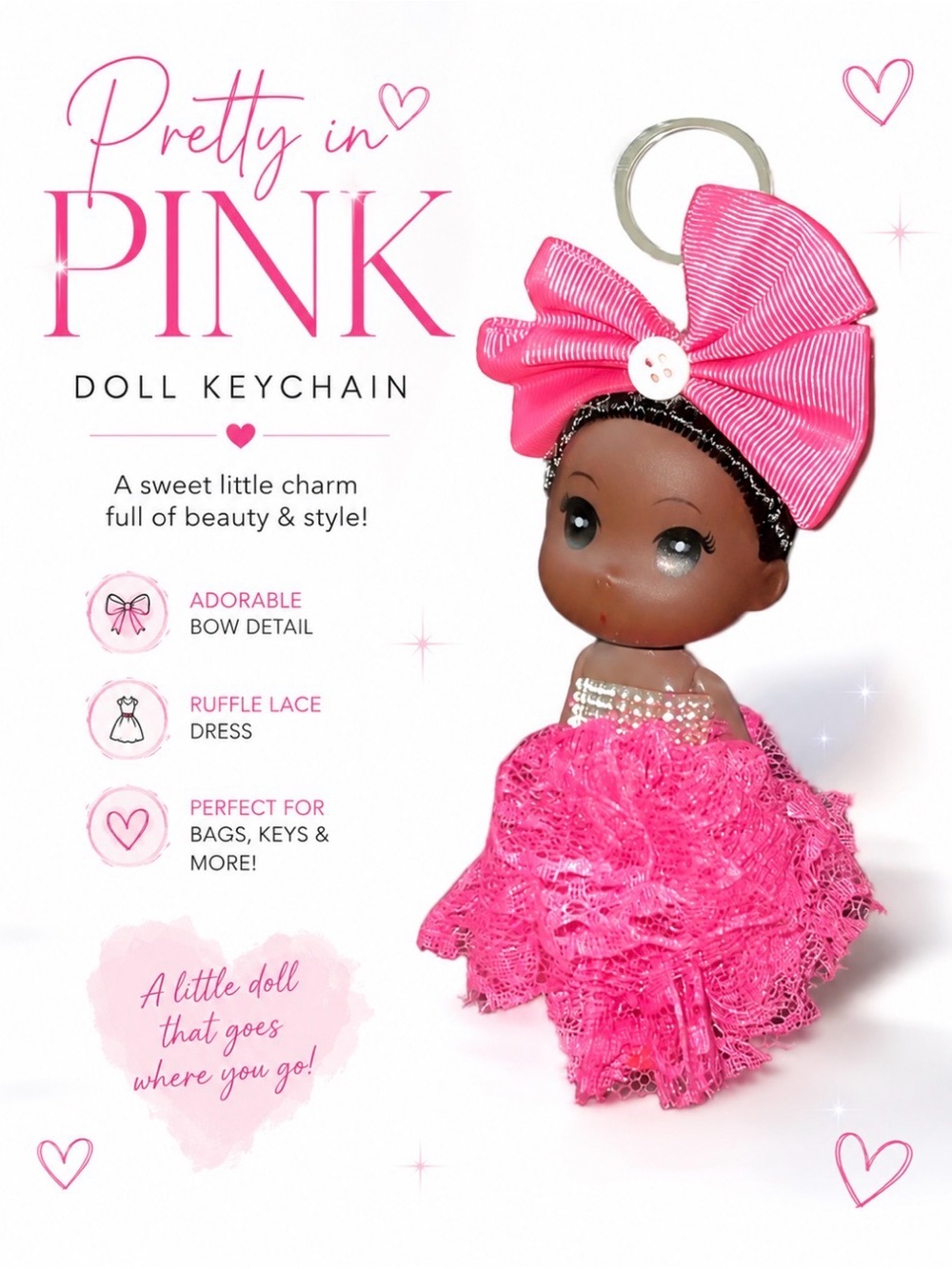 PRETTY IN PINK DOLL KEYCHAIN BAGCHARM